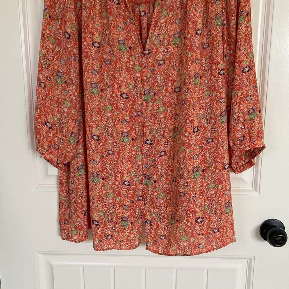 Rose+Olive Womens Orange Floral Top Size 1X 3/4 Sleeve Career Summer Spring‎